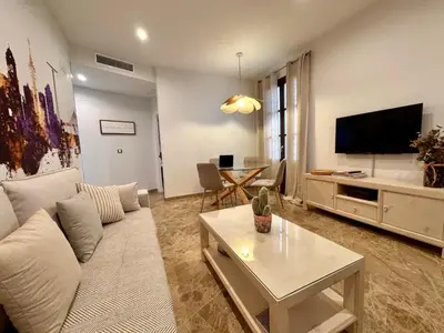 a living room with a white couch and a tv at inncadiz El Refugio de Gadir in Cádiz