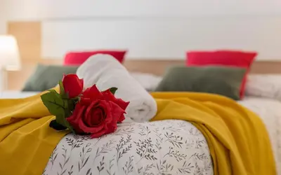 a bed with a towel and a rose on it at Allo Apartments Morenos VI in Jerez de la Frontera