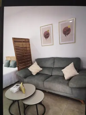 a living room with a couch and a table and a bed at Estudio Álvaro in Cádiz