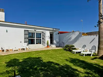 a house with a yard with chairs and a palm tree at Casa Las Cumbres I - Ole Solutions in El Puerto de Santa María