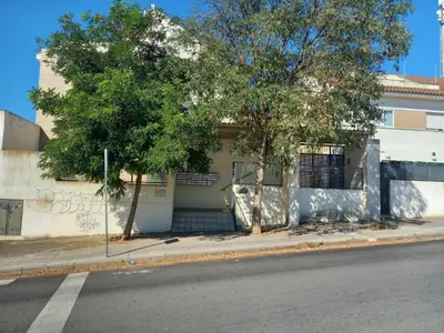 a building on the side of a street with two trees at Apartamento Colegueo in Sanlúcar de Barrameda