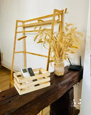 a wooden table with a plant and a ladder at Loft Alegría de Jerez in Jerez de la Frontera