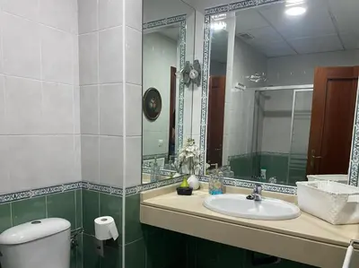 a bathroom with a sink and a mirror and a toilet at La Torre de los Claustros - Ole Solutions in Jerez de la Frontera