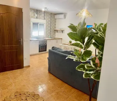 a living room with a blue couch and a plant at Apartamento Molino de Algarrobo in Arcos de la Frontera