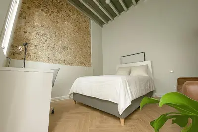 a bedroom with a white bed and a plant at Preciosa villa con patio céntrica in San Fernando
