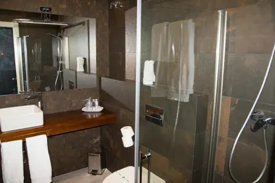 a bathroom with a shower and a toilet and a sink at Hotel Barrio Nuevo in Lebrija