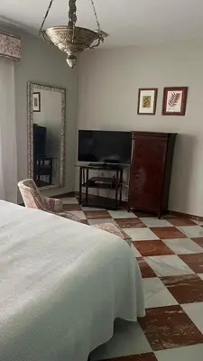 a bedroom with a bed and a mirror and a television at Apartamento centrico, 5 bedrooms, 5 baños en-suite in Jerez de la Frontera