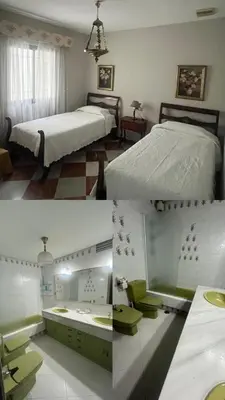 two pictures of a bedroom with a bed and a chair at Apartamento centrico, 5 bedrooms, 5 baños en-suite in Jerez de la Frontera