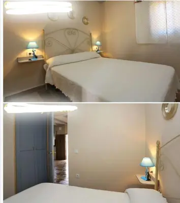two pictures of a bedroom with two beds at Casa rural 1 in Conil de la Frontera