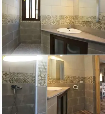 two pictures of a bedroom with a white bed at Casa rural 1 in Conil de la Frontera