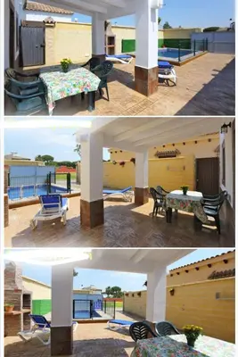 two pictures of a patio with a table and chairs at Casa rural 1 in Conil de la Frontera