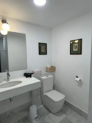 a bathroom with a toilet and a sink and a mirror at Brand new apartment in the heart of Jerez! in Jerez de la Frontera