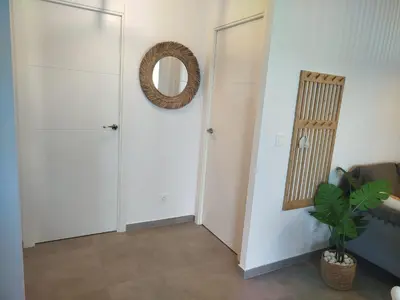 a hallway with a door and a mirror and a plant at Pacifico conil in Cádiz