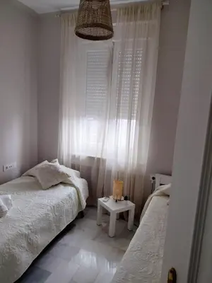 a bedroom with two beds and a window at plaza esteve in Jerez de la Frontera