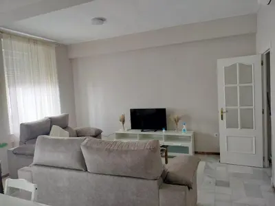 a living room with a couch and a tv at plaza esteve in Jerez de la Frontera