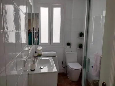 a white bathroom with a toilet and a sink at plaza esteve in Jerez de la Frontera