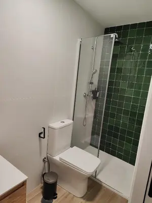 a bathroom with a toilet and a green tiled shower at castellano home in Jerez de la Frontera