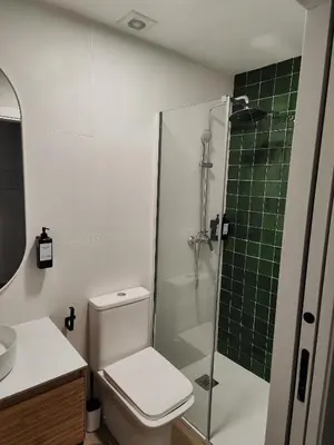 a bathroom with a toilet and a glass shower at castellano home in Jerez de la Frontera