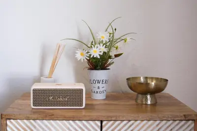 a table with a radio and a vase of flowers at La Zarzamora in Jerez de la Frontera