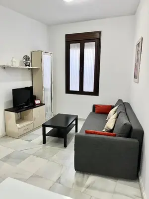 a living room with a couch and a table at La Bodega Suite - Parking gratis in Jerez de la Frontera