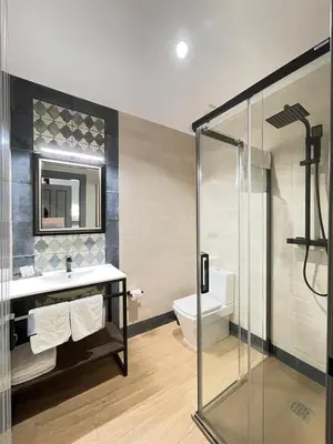 a bathroom with a shower and a sink and a toilet at Mape Loft Rural Aljibe in Algar