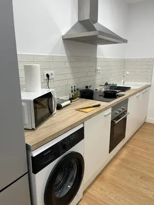 a kitchen with a washing machine and a microwave at La Gañanía in Jerez de la Frontera