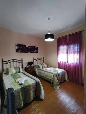 a bedroom with two beds and a window with purple curtains at Casa Sebas in Conil de la Frontera