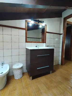 a bathroom with a sink and a mirror and a toilet at Casa Sebas in Conil de la Frontera