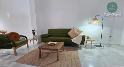 a living room with a green couch and a table at Apartamentos Turísticos Juan Grande by Sanlúcar Housing in Sanlúcar de Barrameda