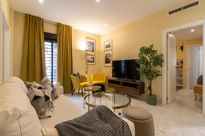 a living room with a couch and a tv at Casa Palacio Marqués de Castellanos in Jerez de la Frontera