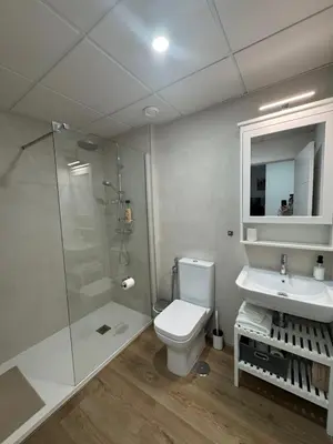 a bathroom with a shower and a toilet and a sink at Roomy Estudio in Jerez de la Frontera