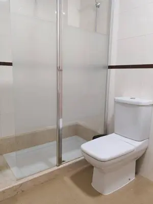 a bathroom with a toilet and a glass shower at Porvernir 10 in Jerez de la Frontera