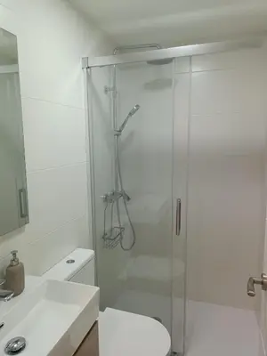 a bathroom with a shower with a toilet and a sink at Apartamento El Taranto in Jerez de la Frontera