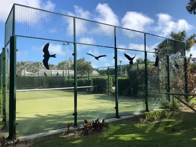 a fence with birds flying over a tennis court at Sonnige und ruhige Ferienwohnung am Golfplatz von Costa Ballena in Rota