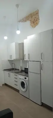 a kitchen with a washing machine and a refrigerator at Apartamento El Albero in Jerez de la Frontera