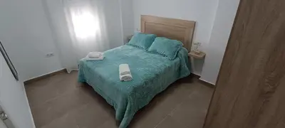 a bedroom with a bed with a green comforter at Apartamento El Albero in Jerez de la Frontera