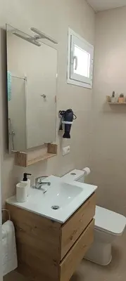 a bathroom with a sink and a toilet and a mirror at Apartamento El Albero in Jerez de la Frontera