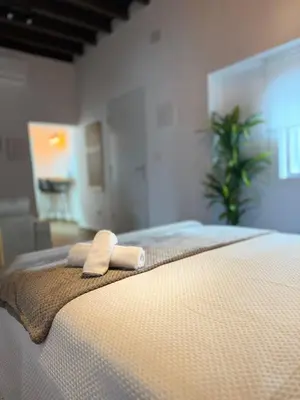 a bed with two towels on top of it at Loft Mamalú Jerez in Jerez de la Frontera