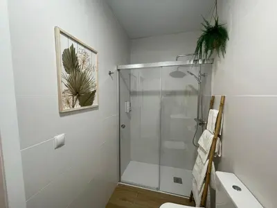a white bathroom with a shower and a toilet at Loft Mamalú Jerez in Jerez de la Frontera