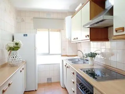 a kitchen with a refrigerator and a vase of flowers at Apartamento Residencial Arcos in Jerez de la Frontera