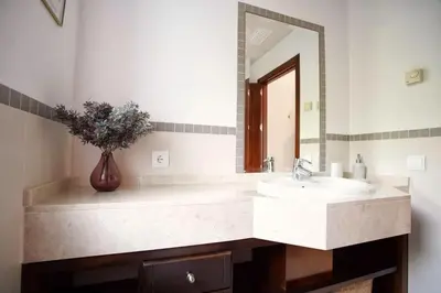 a bathroom with a sink and a vase of flowers at Villa 211 by Villamya in Vallejas