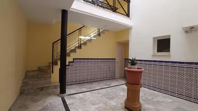 a staircase in a building with a potted plant in the middle at Casa Remedios in Jerez de la Frontera