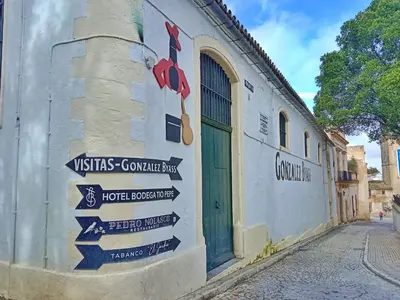 a building with signs on the side of it at Casa Remedios in Jerez de la Frontera
