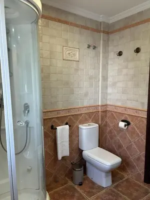 a bathroom with a toilet and a shower at Villa Atlántida-Playa La Barrosa in Chiclana de la Frontera