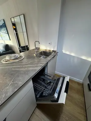 an open dishwasher in a kitchen with a sink at Estudio Roomy Jerez in Jerez de la Frontera