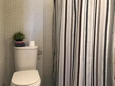 a bathroom with a toilet and a shower curtain at Renfurbis apartment in Jerez de la Frontera