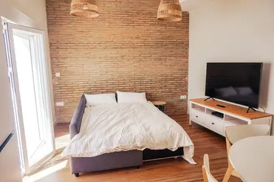 a bedroom with a brick wall and a bed and a television at Apartamento en pleno centro de Jerez con patio privado in Jerez de la Frontera