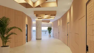 a hallway with wooden walls and a potted plant at Gran Hotel Luna de Cádiz in Cádiz