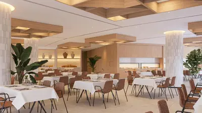 a rendering of a restaurant with tables and chairs at Gran Hotel Luna de Cádiz in Cádiz