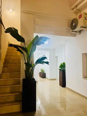 a hallway with two potted plants in a building at El Olivar de Sol in Jerez de la Frontera